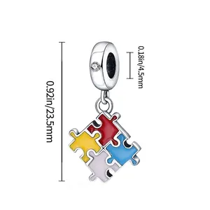 Colorful puzzle charm pendant for DIY bracelets with detailed size measurements