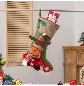 Detailed close-up of a festive Christmas stocking with a 3D reindeer motif and snowflake decor