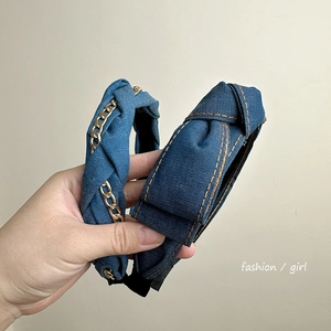 Denim fabric bow headbands for women with metal chain and knot design details