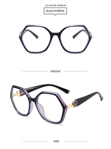 Detail view of hexagon TR90 frames in black purple with gold V metal accents