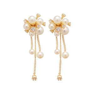 Elegant gold pearl tassel earrings with cubic zirconia in French vintage luxury style