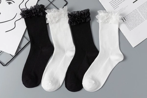 Détail des chaussettes JK Lolita montrant la dentelle et le coton côtelé doux