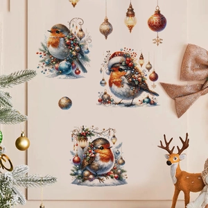 Christmas Wall Stickers PVC Removable Self Adhesive Robin Bird Colorful Bell Decals For Home Living Room Bedroom Window Festive Decoration