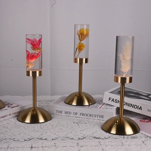 Detailed view of three creative LED bedside lamps with preserved flowers in acrylic shades