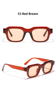 Detail view of C5 reddish brown transparent square frame Y2K sunglasses from multiple angles