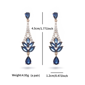 Detailed view of luxury 4.5cm blue geometric drop earrings with dimensions and weight