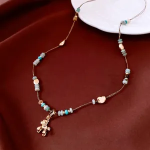 Beaded Necklace With Copper Puppy Pendant Zircon Inlaid Stone Retro Maillard Style Vintage Jewelry For Women Long Chain
