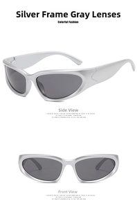 Detailed side and front view of silver metallic frame sunglasses with dark gray lenses