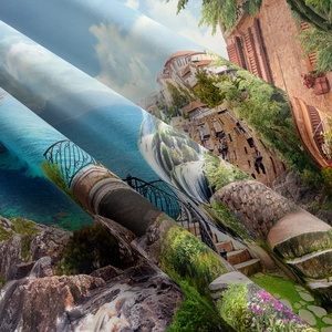 Close-up of Mediterranean scenery digital printing on thick woven fabric tapestry