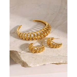 18k gold plated stainless steel jewelry set with hollow mesh bangle and earrings