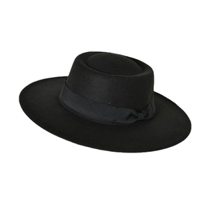 Classic black wool felt wide brim fedora hat with matching ribbon for women's vintage style