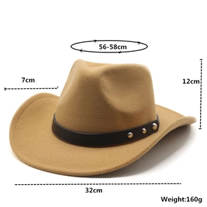 Detailed dimensions of camel fedora hat with leather band and metal rivets