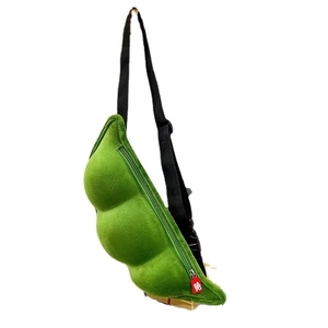 Cute green pea pod plush crossbody bag with soft texture and adjustable strap