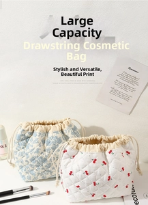 Quilted drawstring cosmetic bag large capacity floral makeup pouch travel storage