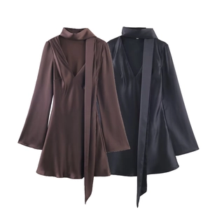 Women Satin Mini Dress Scarf Neck Deep V-Neck Long Sleeve Solid Color Elegant Evening Party Bodycon