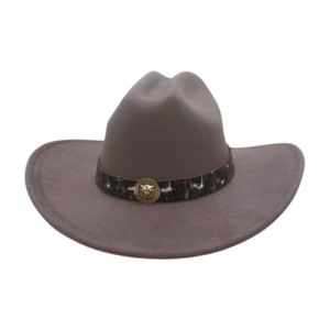 Retro grey wool felt jazz fedora hat with wide brim and lion metal emblem detail