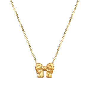 Minimalist gold bow pendant necklace in polished titanium steel for women