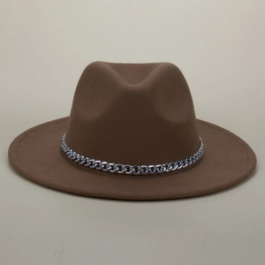 Close-up of the silver metal chain detail on a dark brown wool fedora hat for women