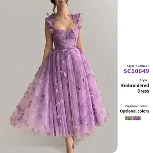 Women Evening Gown 3D Butterfly Applique Tulle Sleeveless High Slit Spaghetti Strap Fairy Formal Party Dress Elegant