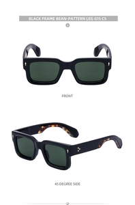Front and 45-degree side views of black square sunglasses with tortoiseshell temples