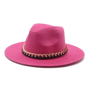 Handmade rose red Panama straw hat with a metallic chain band decoration for summer