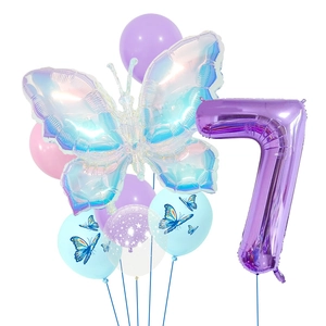 Detail of 32-inch purple butterfly balloon kit with number 7 for girls birthday party