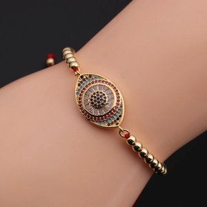 Golden bead and red woven cord Evil Eye bracelet with colorful cubic zirconia stones