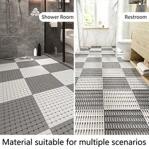 Interlocking TPE bathroom floor mats with drainage holes in grey and white layout