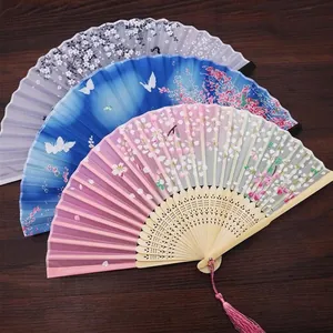 Chinese Japanese Style Folding Hand Fan Satin Bamboo Frame With Tassel Women Dance Wedding Party Home Decor Accessory