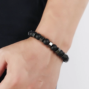 Minimalist black matte beads and silver hexagonal hematite stones stretch bracelet for men