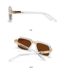 Detail view of retro oversized sunglasses with gold metal hinges and side profile accents