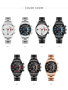 Multiple color variations of stainless steel men's watches with chronographs