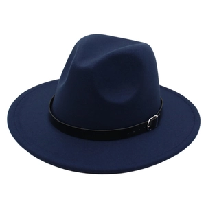 Classic navy blue wool fedora hat with wide brim and black leather buckle strap