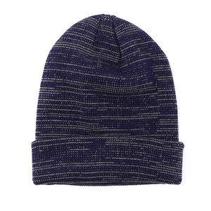 Close-up of purple and grey mixed knit texture on a folded winter beanie cap