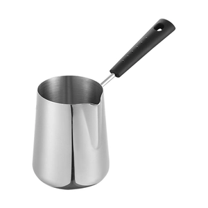 Polished stainless steel Turkish coffee pot with ergonomic black handle on white background