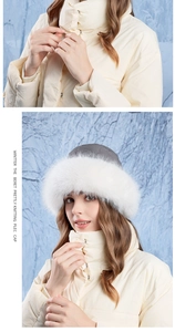 Detail of winter plush bucket hat with grey quilted top and white faux fur trim