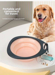 Close-up of pink portable collapsible pet bowl with metal carabiner on a white surface