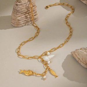 Stainless Steel Pendant Necklace Freshwater Pearl Shell Gold Fish Charms Waterproof Elegant Beach Jewelry Women