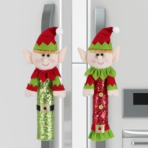 Detail of Christmas elf refrigerator door handle covers with sequins and buttons
