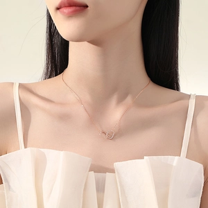 S925 sterling silver geometric double interlocking ring necklace in rose gold finish