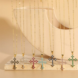 Minimalist gold plated cross pendant necklaces with colorful zircon stones in seven colors