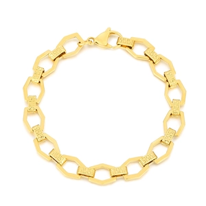 Gold-plated hexagonal link bracelet with Greek key pattern and secure lobster clasp
