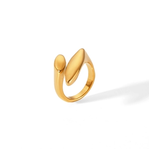 Detailed side view of a minimalist 18K gold-plated stainless steel open ring with polished finish
