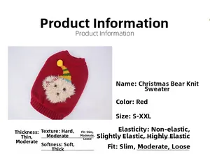 Macro detail of red knitted Christmas dog sweater featuring 3D white bear and size chart