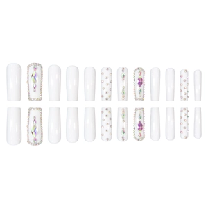 Extra long white coffin press on nails with luxury iridescent rhinestones and gems