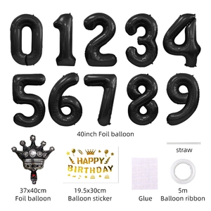 Set de ballons chiffres noirs 40 pouces avec couronne dorée et autocollants de fête