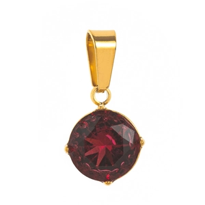 Close-up of a gold faceted round deep red zircon pendant with a polished bail