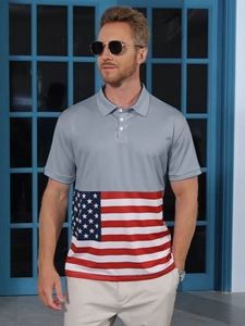 Close-up of men's polo shirt with gray upper and American flag graphic pattern