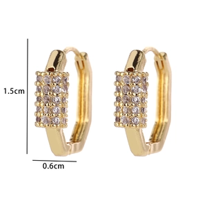 Detailed view of gold plated geometric earrings with clear zircon stones and measurements
