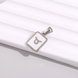 Macro shot of Taurus zodiac pendant with white shell inlay and gold stainless steel frame
